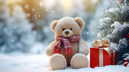 Christmas card. a cute teddy bear with a gift wrapped in a scarf sits on the snow by the Christmas tree against the backdrop of a winter forest, legal AI