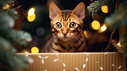 Bengal cat inside a gift box, pawing at a hanging ornament. Living room background with a tree missing several ornaments and an empty space below