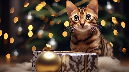 Bengal cat inside a gift box, pawing at a hanging ornament. Living room background with a tree missing several ornaments and an empty space below