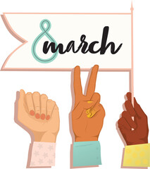 Digital png illustration of hands holding8 march text on transparent background