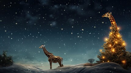 Giraffe with a long knitted Christmas scarf reaching the ground, trying to nibble on a star from a tall Christmas tree. Savanna with a negative space of a starless night sky