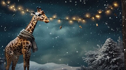 Giraffe with a long knitted Christmas scarf reaching the ground, trying to nibble on a star from a tall Christmas tree. Savanna with a negative space of a starless night sky