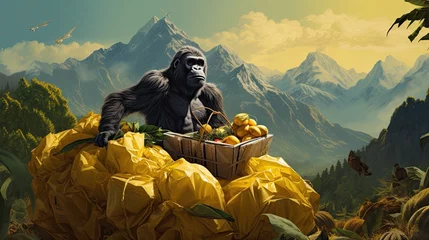 Foto op Aluminium Gorilla attempting to wrap a huge banana gift, with wrapping paper everywhere. Mountain background with a noticeable gap in the trees © Filip