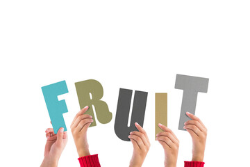 Digital png illustration of hands holding fruit text on transparent background