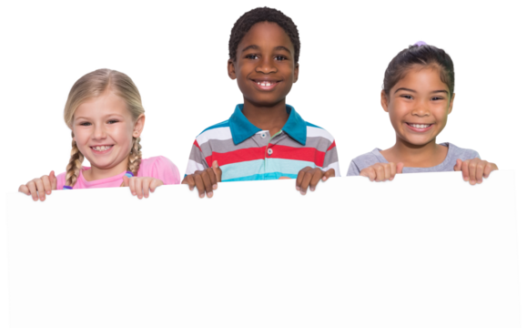 Digital png photo of diverse children holding banner with copy space on transparent background
