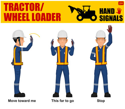 Set of worker present Tractor/WHeel loader hand signal on white background