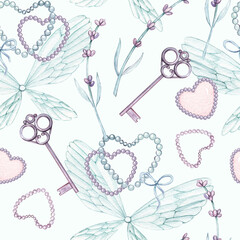 Watercolor seamless Provence pattern . Wings key, brooch, Lavander flowers, heart, pendant, pearls, bow, ribbon. For valentine cards, linens, linen, wrapping paper, wallpaper, textile, wedding cards.