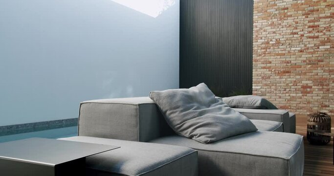 Closeup of comfort couch with pillow and coffee table in lounge room with loft interior in modern cottage house. Luxury apartment indoors.