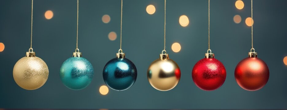 Xmas decoration balls. Horizontal Christmas banner, web poster, header cap for website. Merry Christmas and Happy New Year. Festive bright beautiful background. generative ai