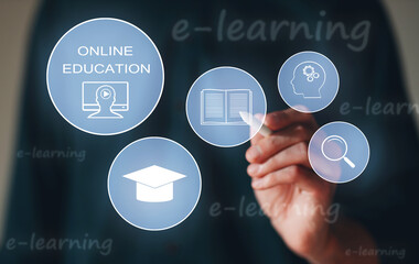 E-learning and Online Education concept. Male student learning internet lesson and pointing pen to device screen icon.