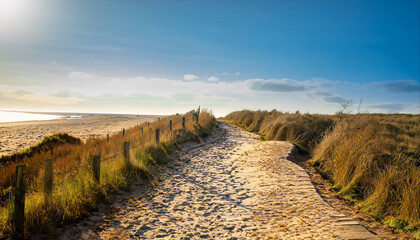 Path to North sea beach in gold sunshine