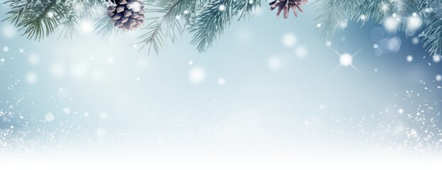 Fototapeta na wymiar Winter Christmas tree branches border. Horizontal Christmas banner, web poster, header cap for website. Merry Christmas and Happy New Year. Festive bright beautiful background. generative ai