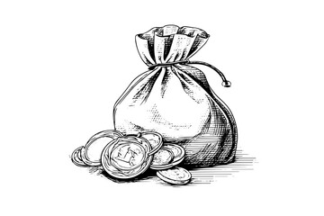 Vintage bag full of money coins hand drawn ink sketch. Engraving style vector illustration.