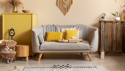 The stylish boho compostion at living room beige yellow color interior with design gray sofa, wooden coffee table, commode and elegant personal accessories. Honey yellow pillow and plaid