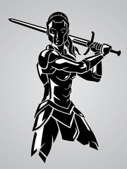Woman Warrior Medieval Armor and Long Sword, Shadowed Illustration