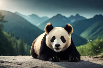 Gordijnen giant panda eating bamboo © tippapatt