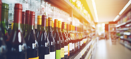 Blurred image of wine shelves on display at store  Defocused rows of Wine Liquor bottles on the supermarket shelf, Alcoholic beverage abstract background. - obrazy, fototapety, plakaty