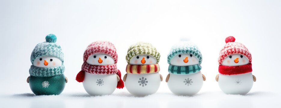 Happy winter snowman in a hat. Horizontal Christmas banner, web poster, header cap for website. Merry Christmas and Happy New Year. Festive bright beautiful background. generative ai