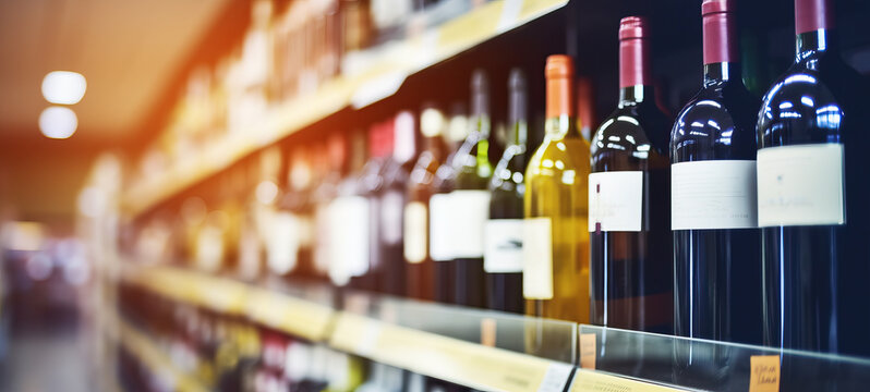 Blurred image of wine shelves on display at store  Defocused rows of Wine Liquor bottles on the supermarket shelf, Alcoholic beverage abstract background.