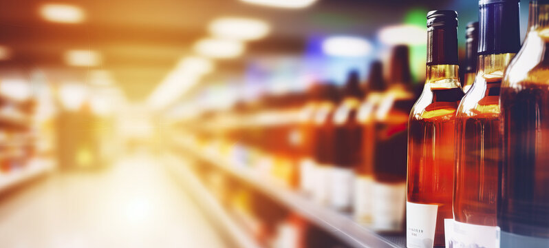 Blurred image of wine shelves on display at store  Defocused rows of Wine Liquor bottles on the supermarket shelf, Alcoholic beverage abstract background.