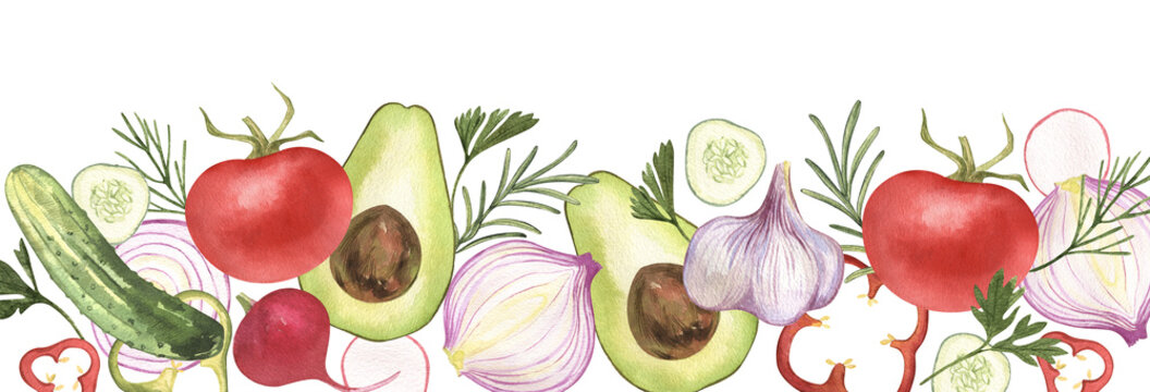 Eco food set menu background banner. Watercolor hand drawn vegetables elements, garlic, cucumber, salad, tomato, pepper, organic, avocado, leaves, onion. For restaurant, kitchen, textile, fabric.