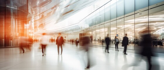 Long exposure shot of crowd of business people walking in bright office fast moving with blurry, Generative AI
