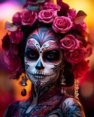 Day of the Dead, Mexico traditional holiday. Young woman in skull make-up with roses in her hair . Magical, enchanted moment of seasonal holiday, skulls, make-up, cemetery, cultural tradition