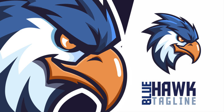 Sporty Avian Heraldry: Illustrated Blue Hawk, Eagle, Falcon Logos for Sport and E-Sport Gaming Teams, Embodied in Mascot Head Illustrations and Vector Graphics.