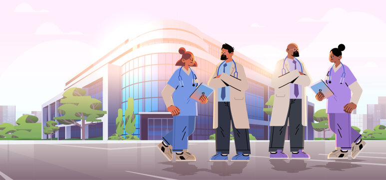 Doctors With Stethoscopes Walking Near Hospital Building Medical Workers Team In Uniform Happy Labor Day Celebration Concept