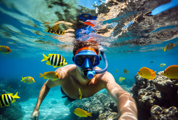 Man snorkeling in the tropical water with colorful fishes and corals. Shallow field of view - obrazy, fototapety, plakaty
