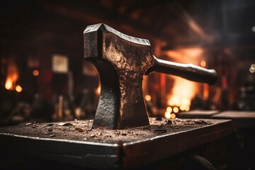 Close-up photo shoot of hammer meeting anvil in a dimly lit smith workshop.