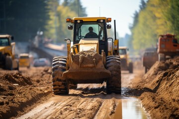 Construction site boasts heavy equipment in action, shaping the road infrastructure. - obrazy, fototapety, plakaty