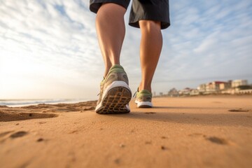 Naklejka premium Man runner seashore seaside tropical waves ocean island nature. Jogger legs sandy beach leisure time activity fitness. Sneakers sand vacation healthy lifestyle habits cardio exercise running sport