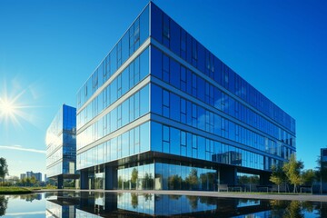 Contemporary corporate office against blue sky: A modern symbol of business excellence.