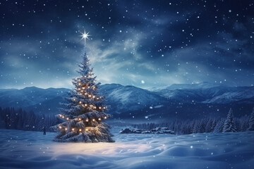 New Year's tree in the forest surrounded by mountains at nighttime
