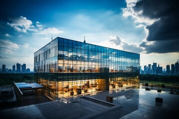 Dominating skyline, a sprawling modern office building defines urban elegance and efficiency.