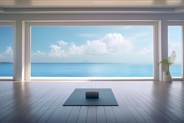 Clean and calm yoga studio with beautiful nature view. Interior design. Generative AI