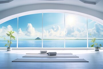 Fototapeta premium Clean and calm yoga studio with beautiful nature view. Interior design. Generative AI