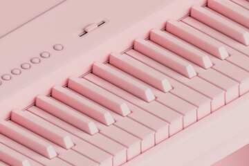 3d illustration digital piano or synthesizer made of pink material. Isometric closeup of 3d render of piano keys