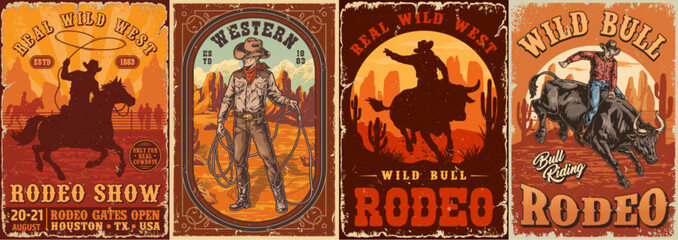 Rodeo show set posters colorful - obrazy, fototapety, plakaty
