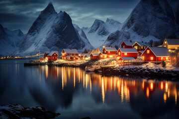 Night scene of Lofoten, Norway in the winter period - obrazy, fototapety, plakaty