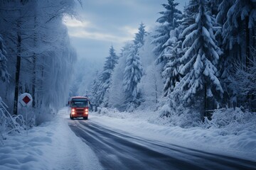 Icy road meanders amidst snow-draped fir trees, crafting a serene and beautiful vista.