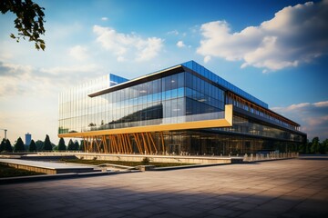 Fototapeta premium Impressive contemporary edifice: A large, modern office building redefining architectural elegance.