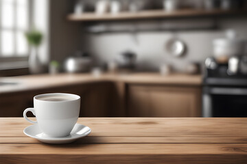 Coffee mugs with blurred background, kitchen with wooden table tops to display your products.