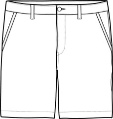 Chino short pant technical drawing. Men's chino shorts flat sketch fashion illustration with front view.