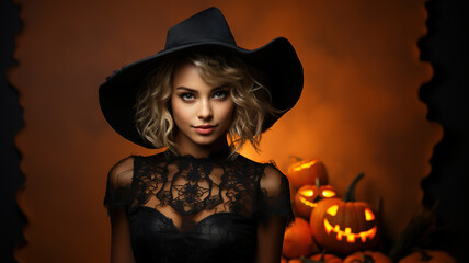Halloween Witch with a Pumpkin Jack O' Lantern on a Dark Orange Background. Beautiful Sexy Woman Portrait dressed in Witch's Night Halloween Costume. Glamour Fashion Sexy Lady. 