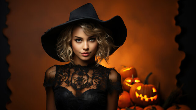 Halloween Witch with a Pumpkin Jack O' Lantern on a Dark Orange Background. Beautiful Sexy Woman Portrait dressed in Witch's Night Halloween Costume. Glamour Fashion Sexy Lady.