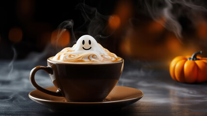 Spooky Halloween Cup of Coffee Drink in Ghost Style Cream Topping, Pumpkin Jack o Lantern Decoration, Halloween Party Beverage Treats, Ghost Latte Hot Coffee Milk Foam. October Holiday Celebration