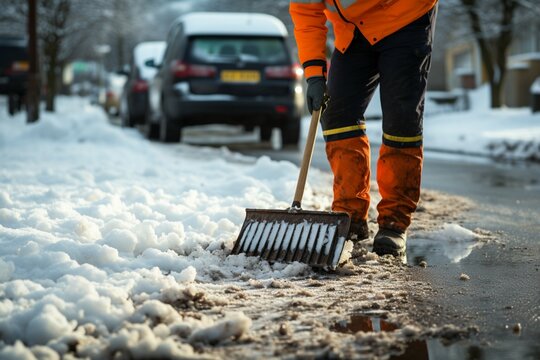 Sidewalk cleared by road worker in special attire, removing snow after snowstorm.