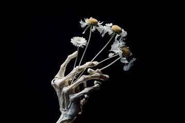 The skeleton of a human hand holds flowers on a black background. Black background, human brush,...